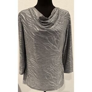 Chico’s Metallic Silver Draped Neck Knit Blouse 3/4 Sleeves Size 1 (Medium)